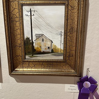 Artist’s Choice Award: “Nostalgia” by Adele Richert. This tiny painting deserved recognition. I enjoy the monochromatic quality and the composition very much. The gold of the tree foliage helps to warm the painting and the power lines and road move you back in perspective. Another little gem!