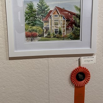 Best of Historic Town Award: “Charles Albrecht House” by Michael Sturm.  Although a small painting, this wonderful watercolor popped off the wall for attention. Very expertly painted with lovely details that give the viewer an exact idea of this house and yard. Love it!