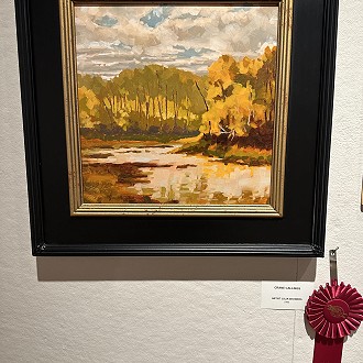 Merit Award: “Crane Callings” by Julia Showers. Love this painting because of the bold stokes of color and the perspective achieved in the composition. I only wish there had been a bit of the sky color reflected in the water area. None the less, a very nice piece.