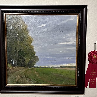 Second Place: “Nasty Day” by Steven Monske. I was attracted to this painting because I could feel the cool dampness on the day this was painted. I also enjoy the subtle changes in the greens used for the foliage and the land. It reminds me of an old master’s painting. Very striking!