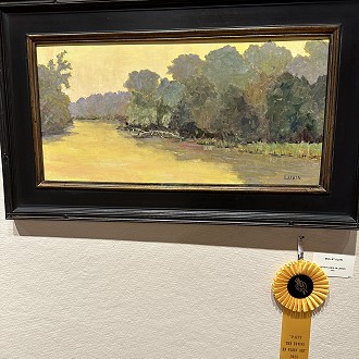 Sunshine Award: “Mullet Glow” by Carolyn Larkin. The glow of this painting is amazing. The subtle shift in the greens of the tree foliage are well done and move the eye gently to the background. You can really feel the quality of the day. Good job!