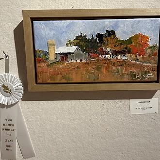 Third place: “Hillside Farm” by Kerry Kautzer. This little gem has excitement painted all over it! The vibrant strokes of color in the trees and barn subtly filter throughout in the paintings foreground. Full range of values only help to create this little gem.