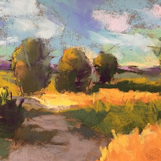 First Place  Golf Course Road               soft pastel/sanded paper           Artist:  AUDREY DULMES    The artist did an excellent job transforming a simple scene into a dynamic painting. By using large abstract pastel stokes the values within the piece become more prevalent and give the painting luscious finish.