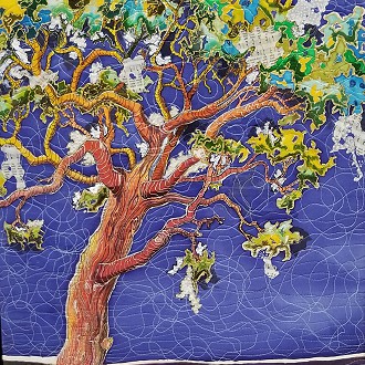 MERIT AWARDS: Pearls do grow on Tree             acrylic on silk	              Artist:  PATTY AKER              A lovely use of visual texture, this piece caught our eye and kept us exploring all of  the detail hidden within.