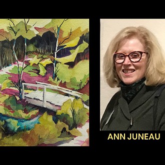 Merit Award to Ann Juneau for “Silver Springs Trail” watercolor. Judge Patrick’s Comment: A striking “birds eye view” that lets you cross the bright white bridge and travel to the mysterious dark forest. The green shapes fluctuate between looking like leaves to becoming trees and shrubs.