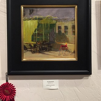 2nd Place- ”Relinquishing” by DK Palecek is just juicy with colors. The subtle contrasts and use of complementary colors is reminiscent of an Edward Hopper painting. There is a stillness in the painting that comes to life through the play on light and vivid color palette. It is atmospheric and an awesome capture of “magic hour”. Really stunning.