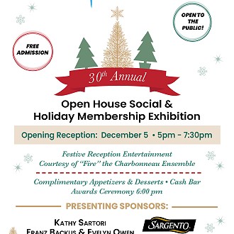 The Plymouth Arts Center’s Holiday Membership Exhibition will be on display beginning Friday, November 21st, however, be sure to mark your calendar for the festive holiday open house reception which will be held two weeks later on Friday, December 5th from 5pm to 7:30 pm with an awards ceremony at 6 pm. The reception is free and open to the public. Enjoy live musical entertainment by “Fire,” The Charbonneau Ensemble. Complimentary appetizers and desserts will be served along with a cash bar. The show runs through Friday, January 9th, 2026.