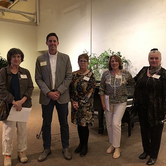 Merit Award “Off Kilter” Mixed Media Oil & Cold Wax on Panel by Denise Presnell “The presence of this dark, richly saturated and textured abstract piece with its colorful and compelling mark-making pulls one to explore the multi-layered surface. The reward is new discoveries at each go-around, with the feeling of elemental design forces creating a vortex for further exploration.