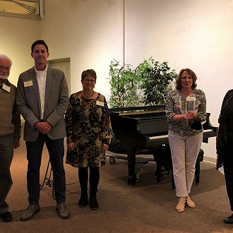 Second Place – “Kobi Dansu” (Mating Dance) Mixed Media Monoprint by Jack Pachuta “The rituals of courtship along with the sublime and serene setting, are designed with an elegance and sensitivity that cajoles us to come & witness the divine dance. Up close, the gradated subdued, serene colors soothe us, and then …here comes the powerful punch of red orb and red feathers! Yes!