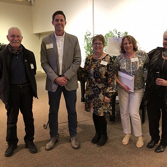 Merit Award “Springtime” Watercolor by Keary Kautzer “The brash and confident boldness of the dark and silhouetted barn and building shapes against the blue sky is so powerful in this piece. There is just enough suggestion of fence posts and their patterned reflection in the foreground pool, to support the purity of form here. Less is definitely Much More in this case!”