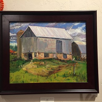 Best of Historic Plymouth- Judges notes: “Happiness is not a Piece of Cake” by Mickey Cunningham is a celebration of Plymouth farming history. The peeling paint of an old ice cream advertisement celebrates the dairy industry while goats graze in the foreground. The old barn is set up on the green hill like a monument to local culture.