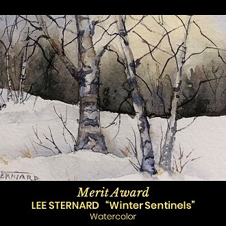 Merit Award to Lee Sternard for “Winter Sentinels” watercolor. Judge Patrick’s Comment: A tiny watercolor with big contrast and the full depth of winter.