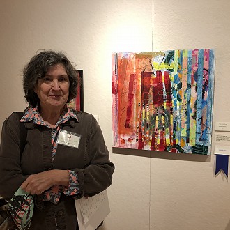 Merit Award to Denise Presnell for “This Nor That” Oil & Cold Wax Collage. Judge Patrick’s Comment: A vibrant color display that continually plays with your sense of what’s background and what’s foreground. Cold wax collage technique adds a unique richness to the surface.