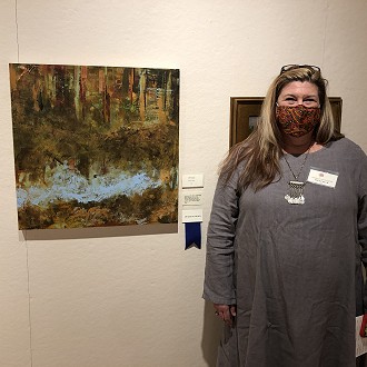 Merit Award to Micki High for her “untitled” Oil & Cold Wax Painting. Judge Patrick’s Comment: Working in the always-challenging square format, this painting captures the muted tones and complex textures that create the tapestry that is the forest floor.