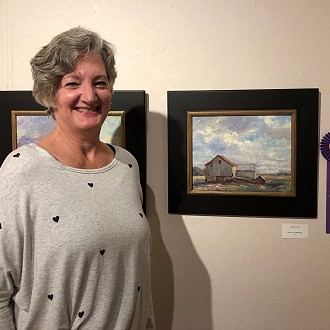 Best of Fall Colors Award: Lori Beringer, FAMILY TIES.  I feel the artist described a field of grain that had once been brilliantly golden but has now mellowed to a faded, burlappy-oatmeal color; almost a non-color or the color of exhaustion, this PASSAGE of “exhausted color” sums up a less popular but no less REAL palette of AUTUMN and it both surprised and edified me to see it. I actually had a little argument in my head as I pondered whether I could acknowledge this particular color as truly describing autumn’s TYPICAL colors, but the more I thought about the RANGE of autumn’s colors, this burlappy-oatmeal color certainly exists in the grain fields of Wisconsin in October.