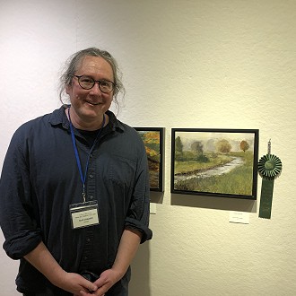 Merit Award: Maximiano Janairo, FOGGY NOTION. I found the two trees on the left to be so artfully “veiled” that they act as a “painting within the painting,” I’ve seen such veiled trees on foggy mornings and this felt wonderfully nostalgic to me. I also admire how the artist constructed the edge of the earth as it becomes the wall of the stream bed, this was beautifully observed.