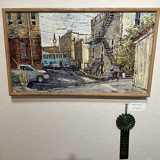 Merit Ward: “Search for the Ash Can” by Troy Tatlock. This alley scene captivated me with the impressionistic strokes of color. The aqua floating throughout added a pop of color to a neutral pallet painting. The composition is very well done and provides the viewer with a snippet of life behind the main street. Well done!