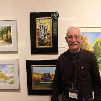 Honorable Mention: Autumn Morning- By Keary Kautzer. Judges notes- There is a lot of energy in this grove of birch trees. The artist has built up layers of shapes, ideas, and colors, leaving little windows to see what came about earlier in the painting.