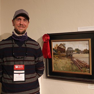 2nd Place: Off the Rail- By Marc Anderson. Judges notes- The rhythm of structures and soft empty spaces creates a wonderful composition. The detail captured with such loose brushstrokes is also very impressive.