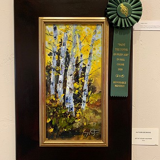 Honorable Mention: Autumn Morning- By Keary Kautzer. Judges notes- There is a lot of energy in this grove of birch trees. The artist has built up layers of shapes, ideas, and colors, leaving little windows to see what came about earlier in the painting.