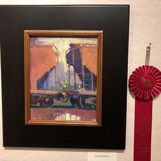 Merit Award: Stephen Wysocki, SPACE BETWEEN The space between the two train cars acts a FRAME for the little landscape it presents to the viewer the compositional strategy of this painting is just brilliant. And whereas I know the artist was, in fact, painting actual train cars, I felt these could have been toys, too, which I think is the splendid alchemy and magic of painting, real things can be transformed to other real things.