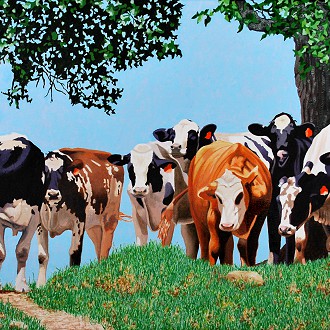 There’s Always One          oil on canvas   	     Artist:  JEFF STERN  What a familiar scene! We have all witnessed the mass of curious cows exploring their environment.  This painting displays a clever usage of illustrative elements to simplify the cows and keep the viewer examining the painting.