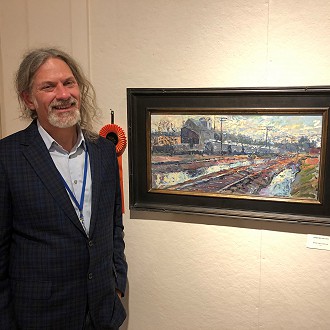 Best of Historic Town Award:  Troy Tatlock, SUNDOWN DITCHES. What a singularly unique style of pushing paint…this, friends, is like a wonderfully DISTINCT ACCENT you might hear as you travel across the country;  you know what people are saying but you’ve not quite heard it like that before…in this case, I recognize the environment the artist is describing (so I can identify the objects and space) but I’ve never seen it described quite like this before, which makes me appreciate these train tracks in a way I’ve never imagined before. This is the power of ART, the ordinary becomes extraordinary and compels us to reappreciate that which we, heretofore, thought we knew so very well.